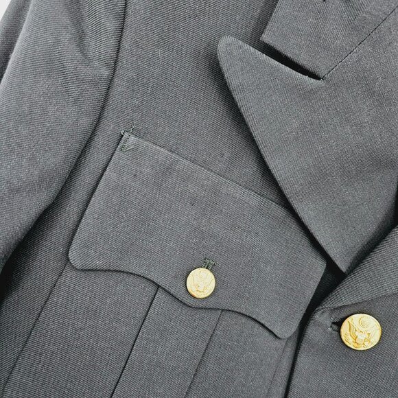 US Army Green Poly Wool Dress Coat Jacket 38S Uniform Patches Buttons Vintage - Picture 6 of 16